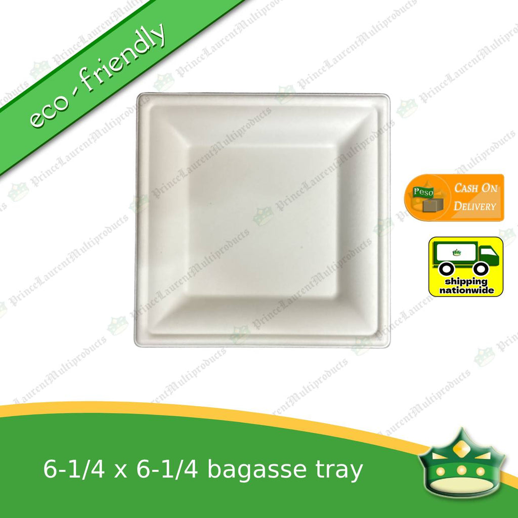 [50 pcs] bagasse paper tray square 6-1/4 x 6-1/4 inches fruit tray as grocery packaging, fruit repacking, vegetable repacking, meat repackaging, frozen products repacking, produce packing