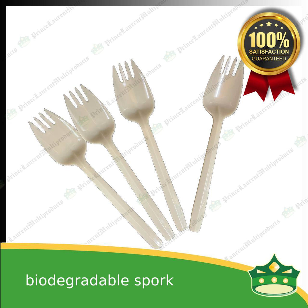 [25 pcs] biodegradable spork combination beige 5.875 inches length disposable plastic cutleries as takeout utensils