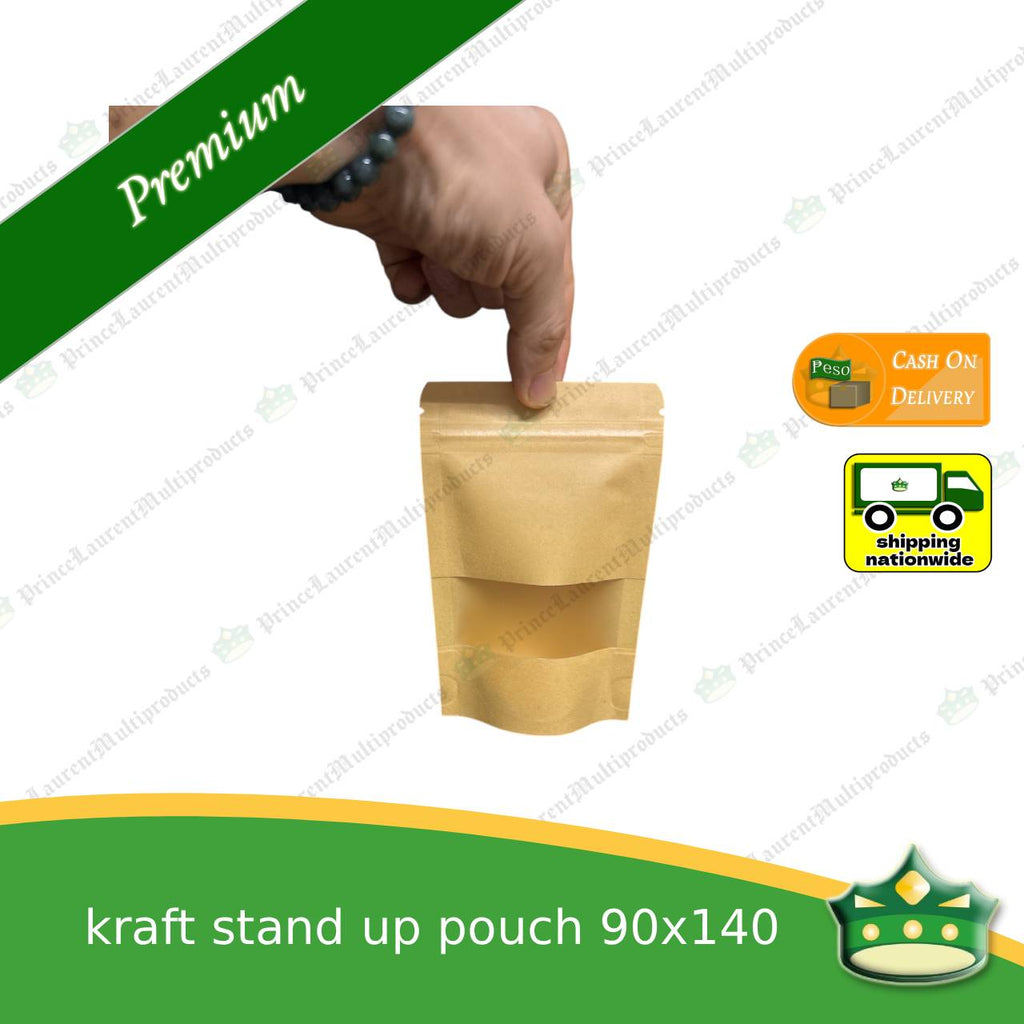 [100 pcs] standup pouch with ziplock kraft with window 90 x 140 mm for repacking corn, peanuts, anchovies dilis, nuts, sweets, sampaloc, chicharon, snacks, baked goodies