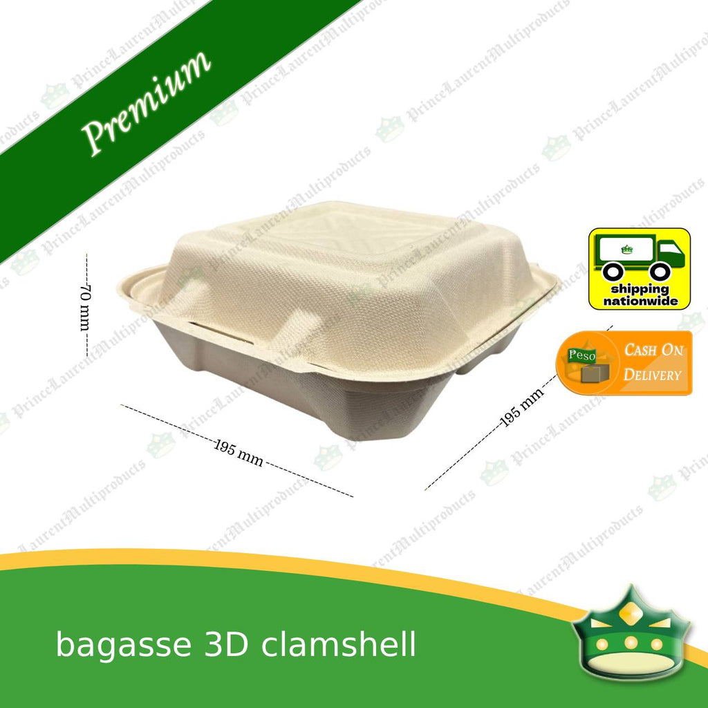 [50 pcs] bagasse 3D clamshell (3 compartment box) for takeaway meals