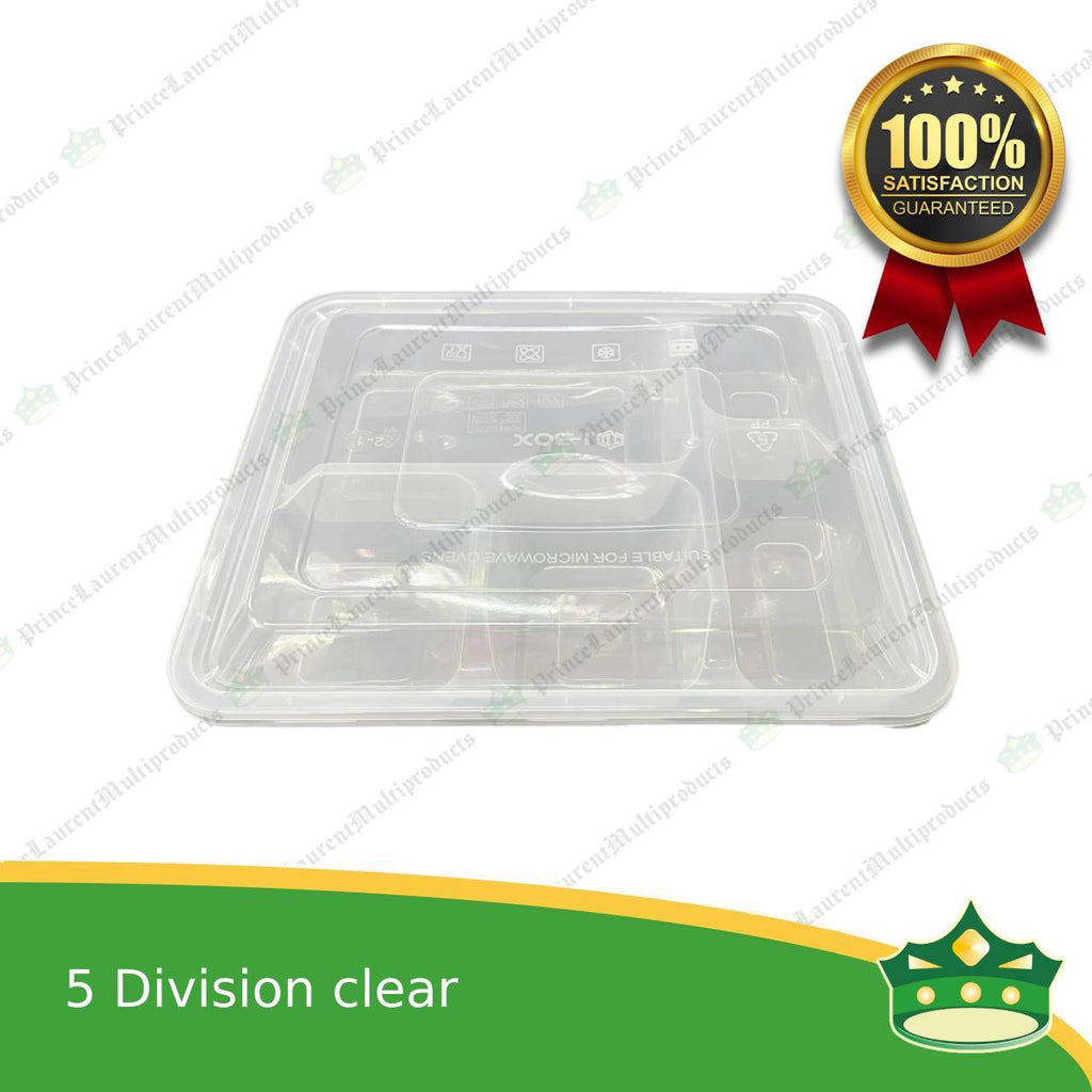 [150 pcs] iBox brand 5 division microwavable bento boxes clear body clear cover for food packs & catering events parties meetings & many more