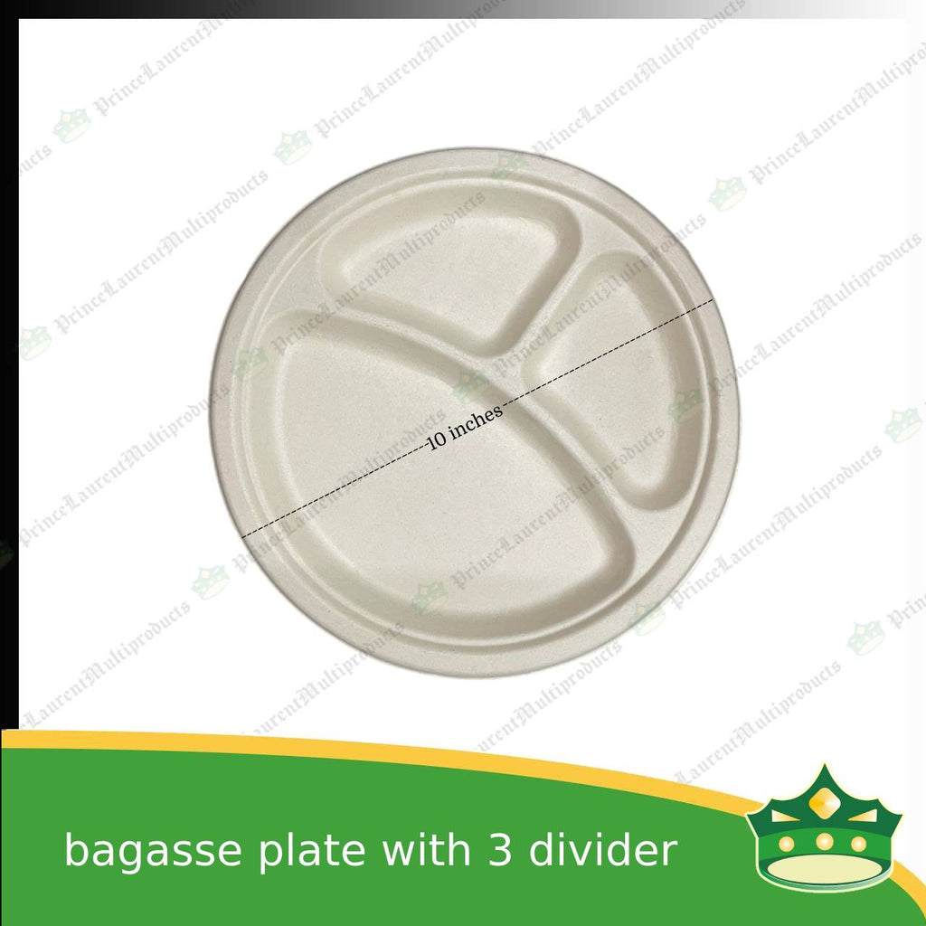 [50 pcs] bagasse 10 inch serving plate with 3 compartment compostable biodegradable plate for caterings and parties