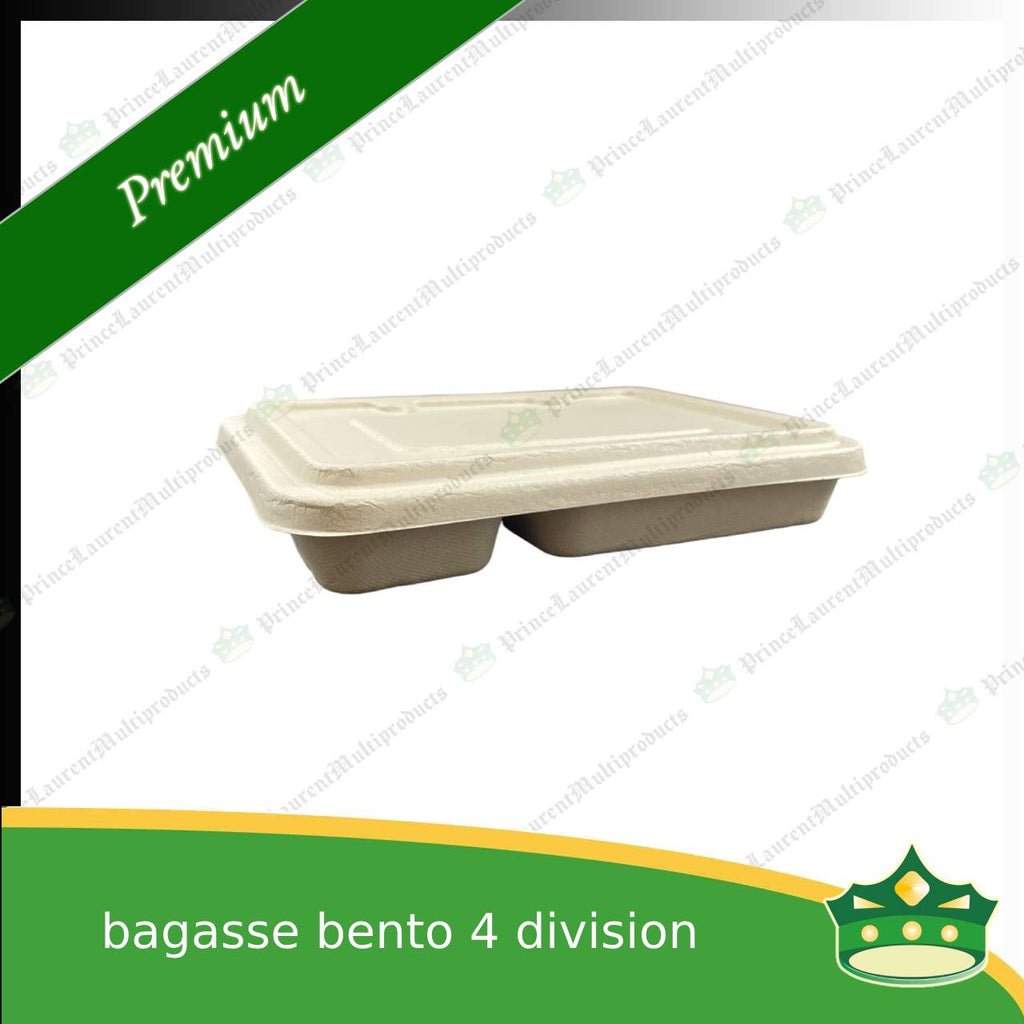 [50 pcs] bagasse bento box 4 division with lid for eco-friendly alternative on food take-outs, packed meals