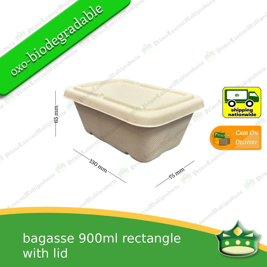 [50 pcs] bagasse rectangular container with lid 900ml, biodegradable, eco-friendly, disposable, kitchen use, household supplies.