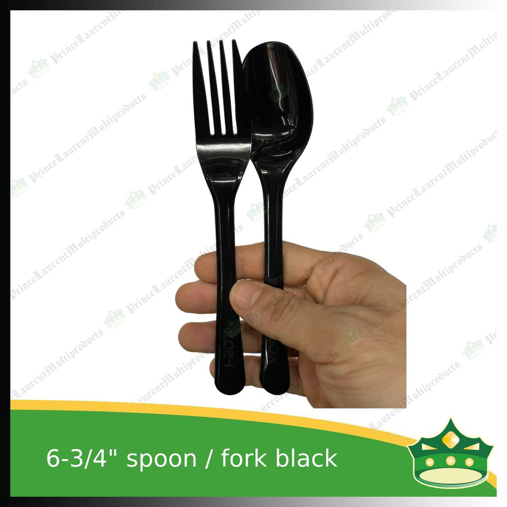 [25 pcs] iBox premium plastic hard spoon or fork black 6.75 inches length disposable cutleries for parties events and celebration