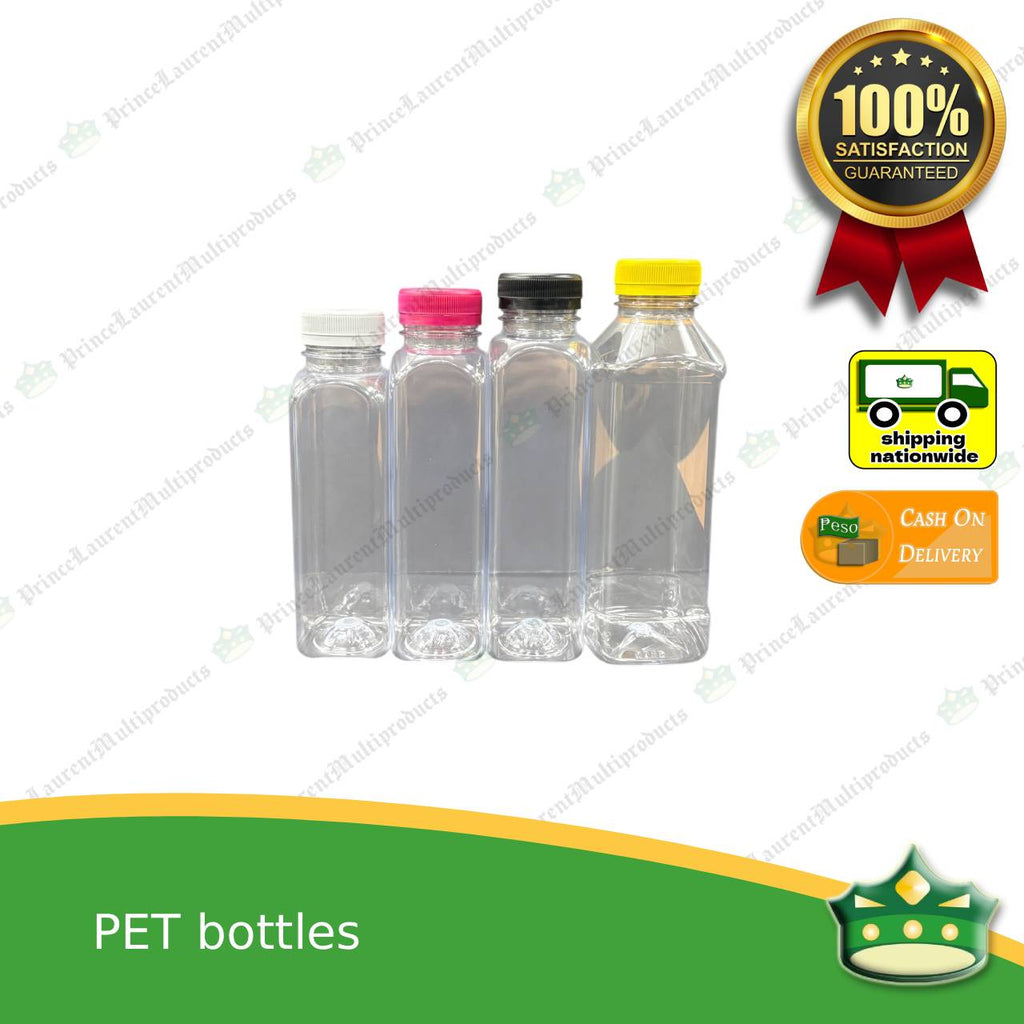 [1 pack] square PET bottles with black cap (250, 300, 330 & 500ml) as juice beverage or liquid container
