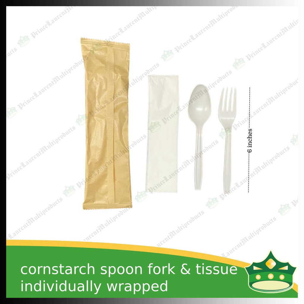 [25 sets] compostable cornstarch spoon fork & tissue individually wrapped biodegradable disposable for takeout utensils