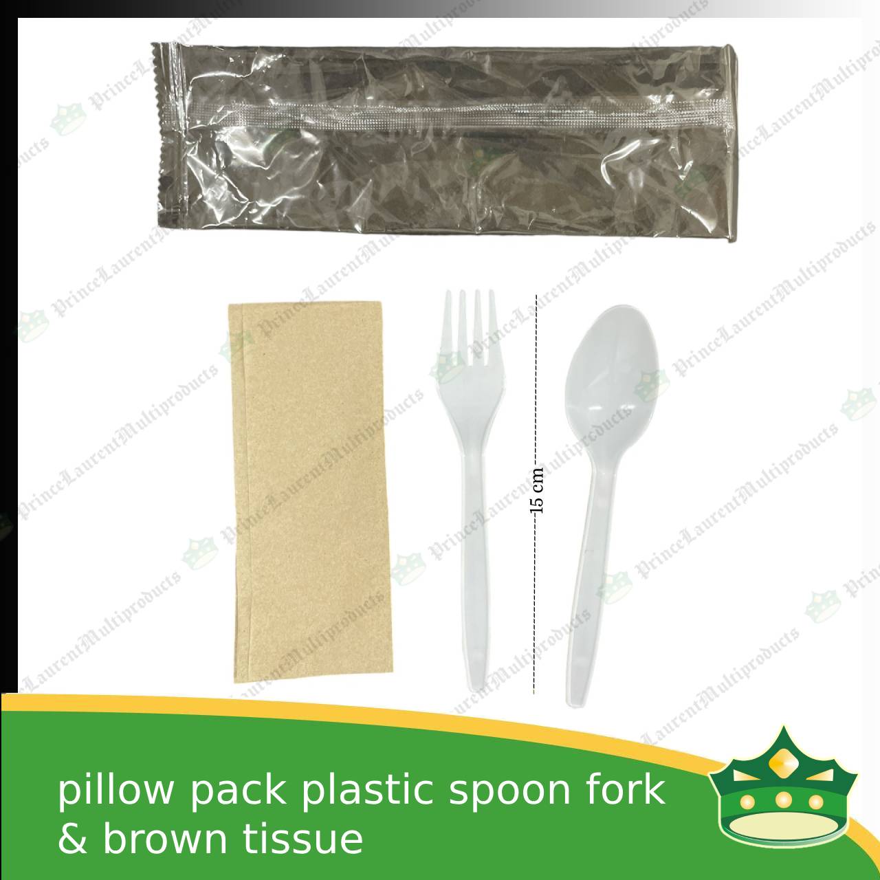 [25 sets] 3in1 plastic spoon fork & brown table napkin plastic pillow wrapped set for easy on the go disposable cutleries