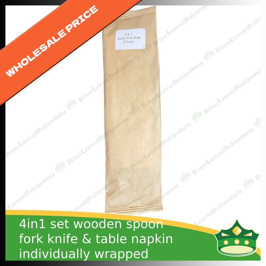 [1 case] 4in1 wooden spoon fork knife & table napkin paper wrapped set for easy on the go disposable cutleries