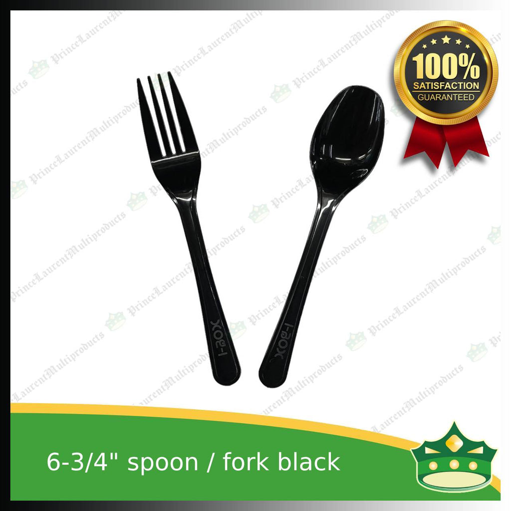 [25 pcs] iBox premium plastic hard spoon or fork black 6.75 inches length disposable cutleries for parties events and celebration