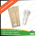 [1 case] 3in1 wooden spoon fork & table napkin paper wrapped set for easy on the go disposable cutleries