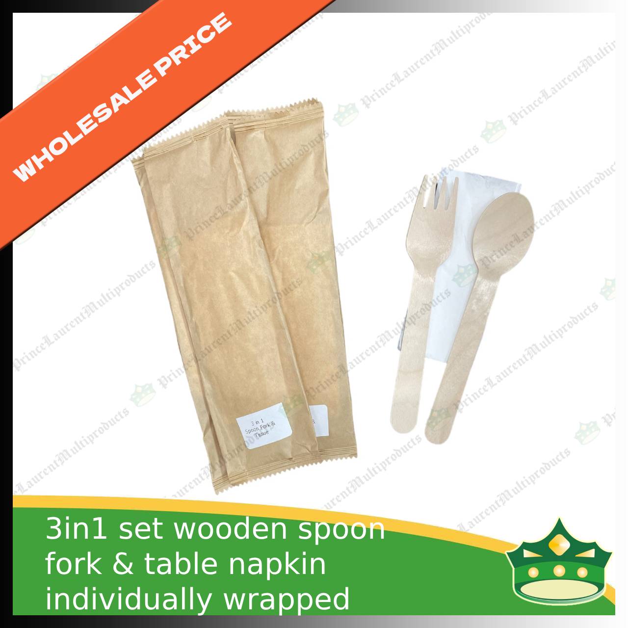 [1 case] 3in1 wooden spoon fork & table napkin paper wrapped set for easy on the go disposable cutleries